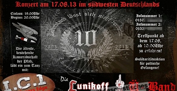 Im August dieses Jahres finden in der Pfalz gleich zwei Rechtsrock-Konzerte mit namhaften Bands statt. Für den 3. August kündigt Kategorie C einen Auftritt im Raum Kaiserslautern an. Dies dürfte [&hellip;]