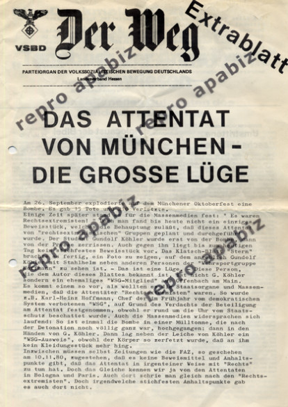 Extrablatt von Der Weg, Parteiorgan der VSBD in Hessen, aus dem Jahr 1980. Walther Kexel versucht, den rechtsterroristischen Hintergrund des Oktoberfest-Attentats zu leugnen. Quelle: apabiz e.V.